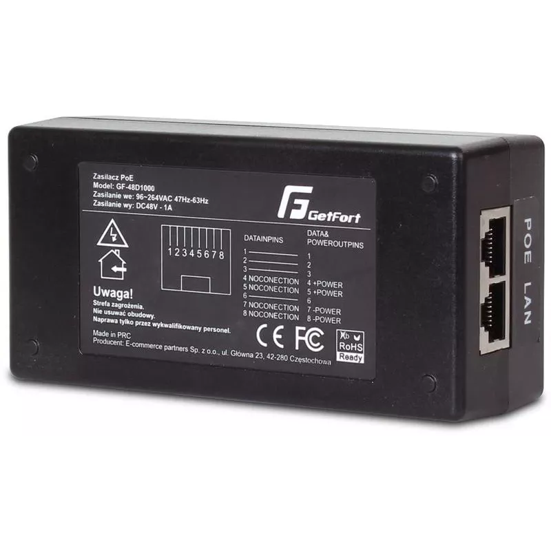 GETFORT GF-48D1000 48W pasyvus PoE injektorius, 100-240V AC į 48V DC, 10/100 Mbps, 2x RJ45, suderinamas su IEEE 802.3af/at