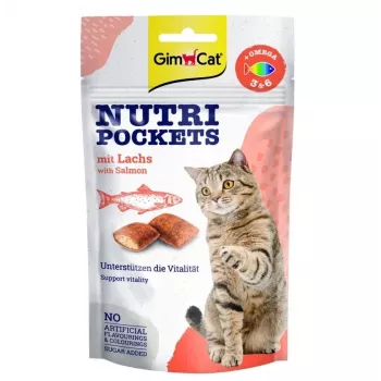 GimCat Nutri Pockets with Salmon 60g – Traškūs skanėstai katėms su kreminiu lašišos įdaru