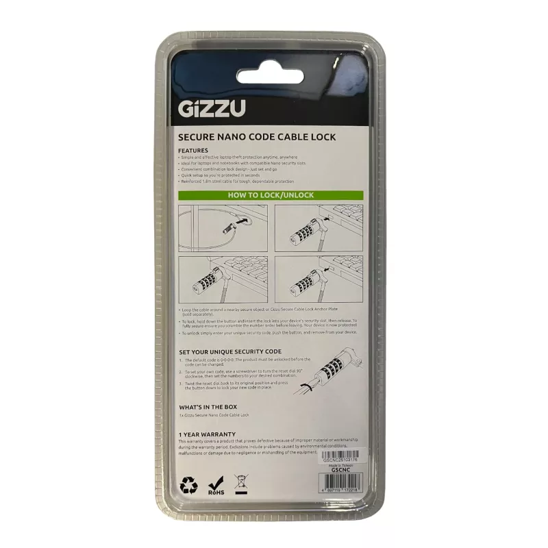 GIZZU 1,8 m Nano kombinacinis užraktas su apsauginiu kabeliu – 4 skaitmenų, perstatomas kodas, pintas plienas, Kensington Nano lizdui (juoda/sidabrinė)