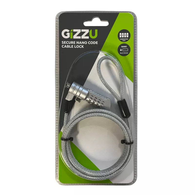 GIZZU 1,8 m Nano kombinacinis užraktas su apsauginiu kabeliu – 4 skaitmenų, perstatomas kodas, pintas plienas, Kensington Nano lizdui (juoda/sidabrinė)