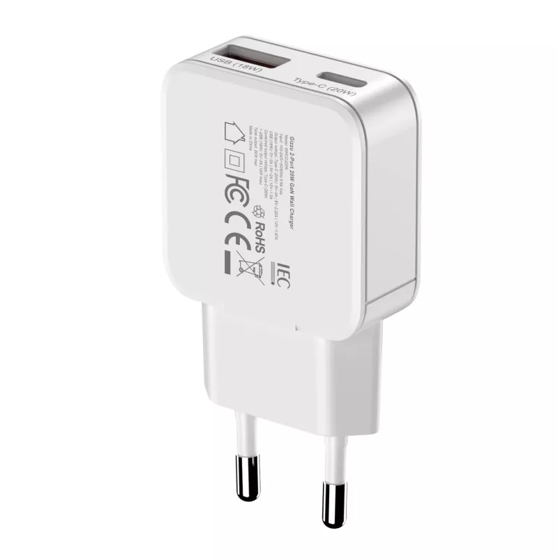 Gizzu 2-Port 20W GaN sieninis įkroviklis USB-C PD 3.0 + USB-A QC 3.0 greito įkrovimo adapteris - baltas