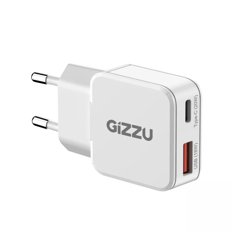 Gizzu 2-Port 20W GaN sieninis įkroviklis USB-C PD 3.0 + USB-A QC 3.0 greito įkrovimo adapteris - baltas