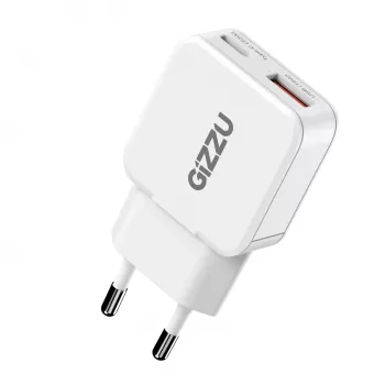 Gizzu 2-Port 20W GaN sieninis įkroviklis USB-C PD 3.0 + USB-A QC 3.0 greito įkrovimo adapteris - baltas