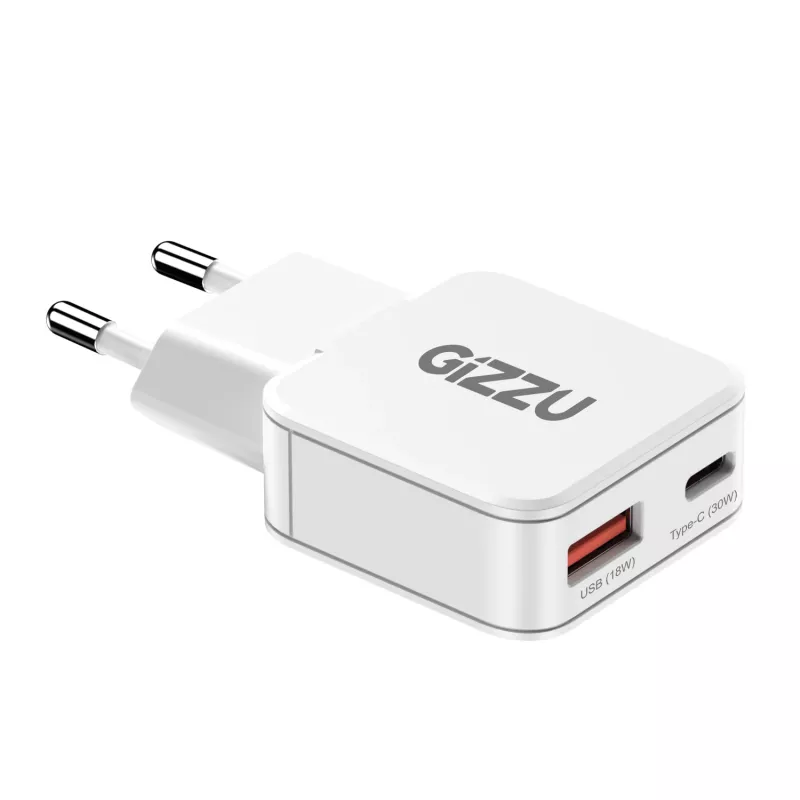 Gizzu 2 prievadų 30W GaN sieninis įkroviklis USB-C PD + USB-A QC baltas