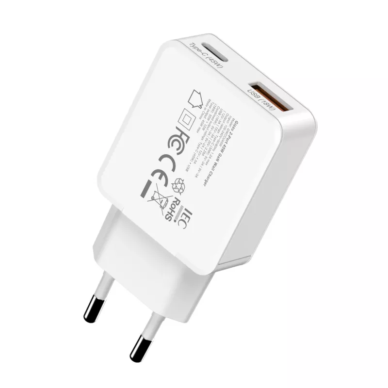 Gizzu 2-Port 45W GaN sieninis įkroviklis USB-C PD ir USB-A QC baltas