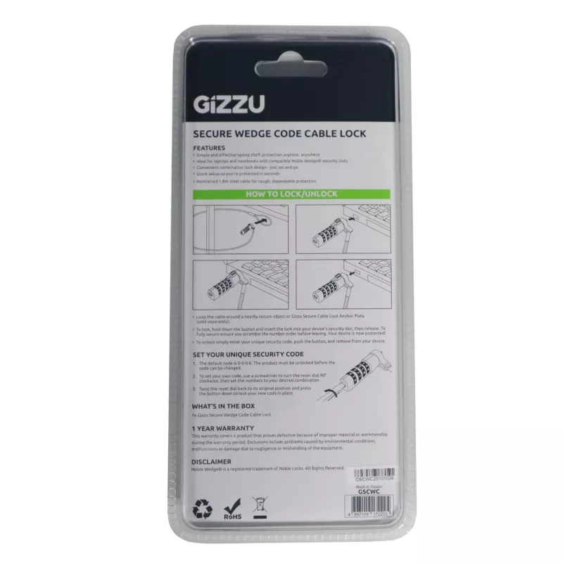 Gizzu Secure Wedge kodinė kabelinė spyna 1,8 m