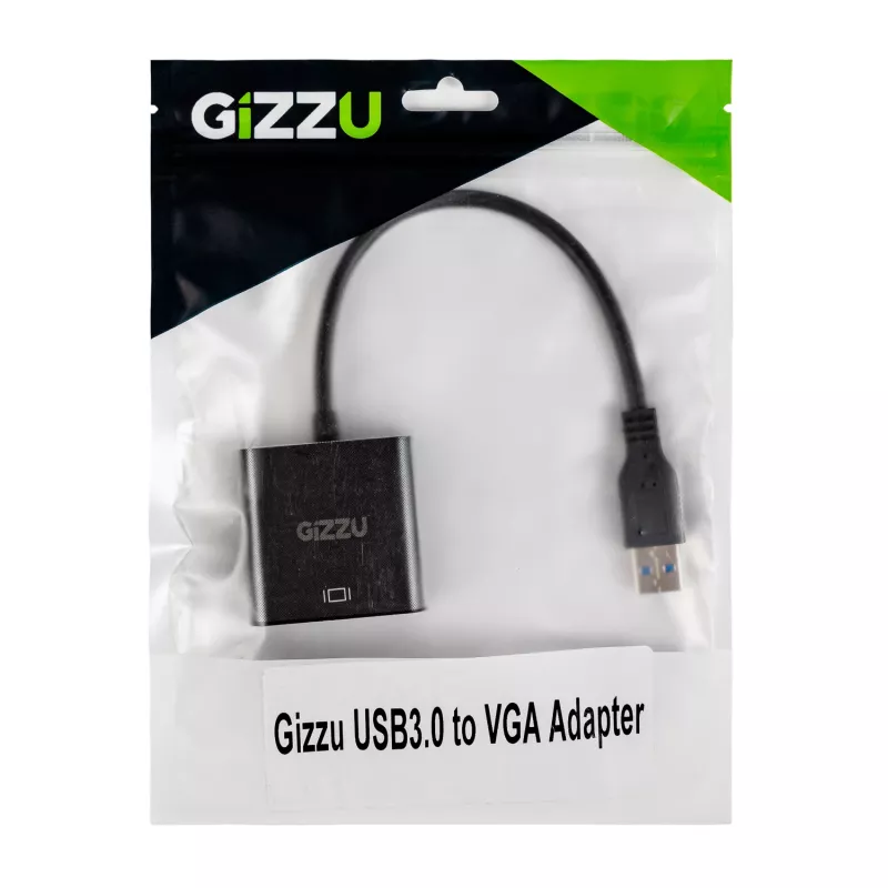 Gizzu USB 3.0 į VGA adapteris – Full HD 1080p išorinis vaizdo keitiklis, USB-A į VGA, maitinamas iš USB, juodas