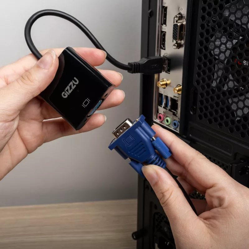 Gizzu USB 3.0 į VGA adapteris – Full HD 1080p išorinis vaizdo keitiklis, USB-A į VGA, maitinamas iš USB, juodas