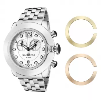 GLAM ROCK Moteriškas laikrodis Miami Beach Chronograph GR32154 – 44mm nerūdijančio plieno korpusas, baltas silikoninis dirželis, šveicariškas kvarcinis mechanizmas