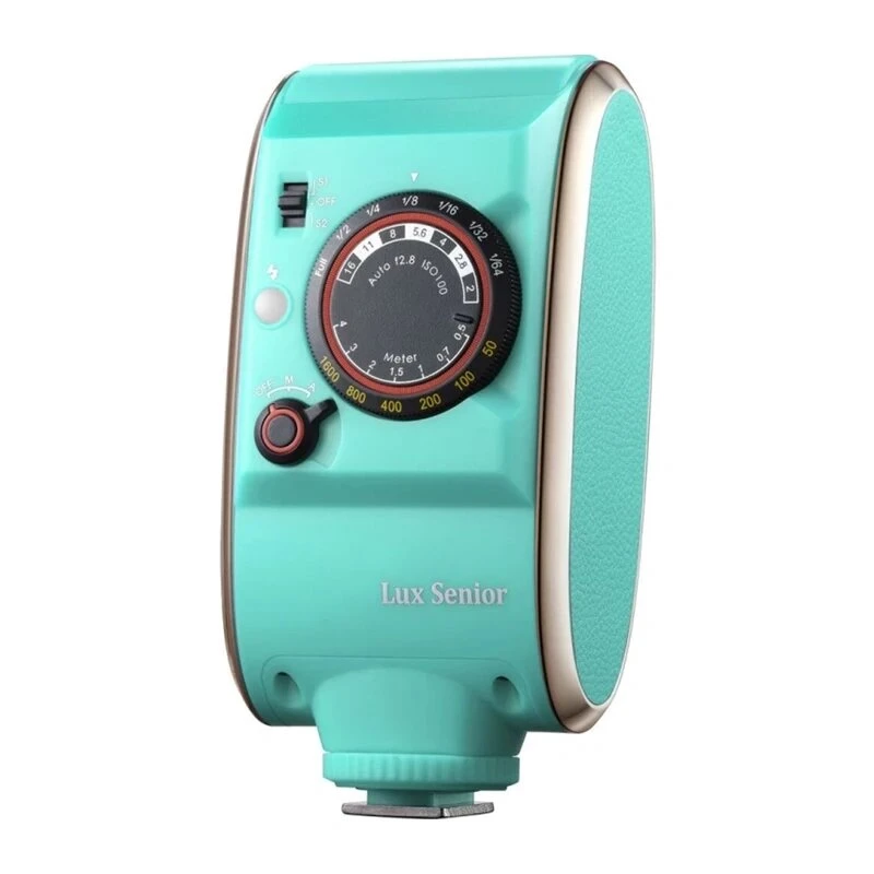 GODOX LUX Senior blykstė (žalia) – retro ant fotoaparato su automatiniais/rankiniais režimais, integruotu akumuliatoriumi, OLED ekranu, sulankstomu reflektoriumi