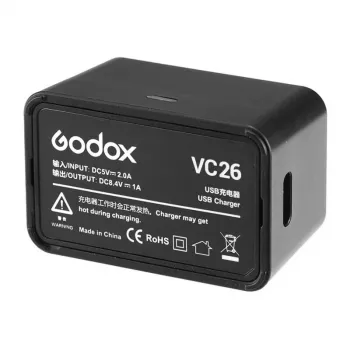 Godox VC26 USB-C įkroviklis V1 ir V860III blykstės baterijoms – 5V/2A įėjimas, 8.4V/1A išėjimas, LED indikatorius, su USB-A į USB-C laidu