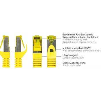 GoodConnections 40m Cat.7 S/FTP PiMF halogen-free RJ45 komutacinis kabelis su fiksatoriaus apsauga, geltonas 8070R-400Y