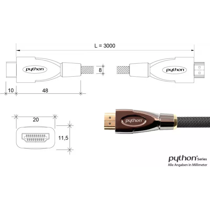 GoodConnections PYTHON Series High-Speed HDMI kabelis su Ethernet, 4K UHD 60Hz, 18Gbps, auksu padengti, nailono pynimas, 3m, juodas (GC-M0018)