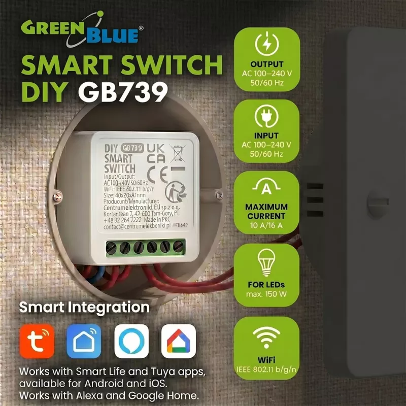 GREENBLUE Paviršinis montuojamas Wi-Fi valdymo relė GB739