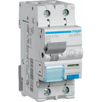 HAGER ADA513D RCBO 1P+N 13A B kreivės 30mA A tipo 10kA