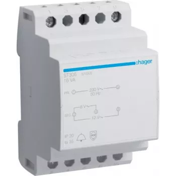 HAGER ST305 durų skambučio transformatorius 230V į 8/12V AC 8VA DIN bėgiui