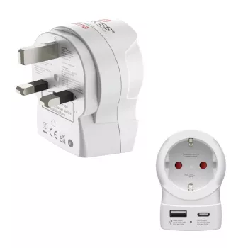 Hama kelioninis adapteris EU į UK 1x USB-A USB-C Power Delivery 20W Baltas