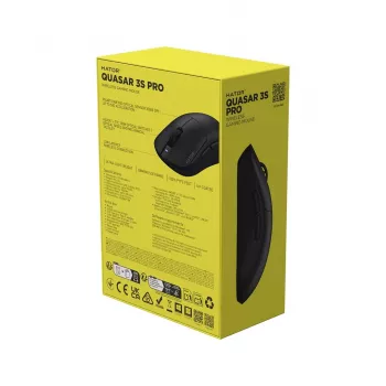 Hator Quasar 3S Pro Wireless žaidimų pelė, juoda, 26000 DPI, optinė, 2.4 GHz, USB-C, skirta dešiniarankiams, RGB