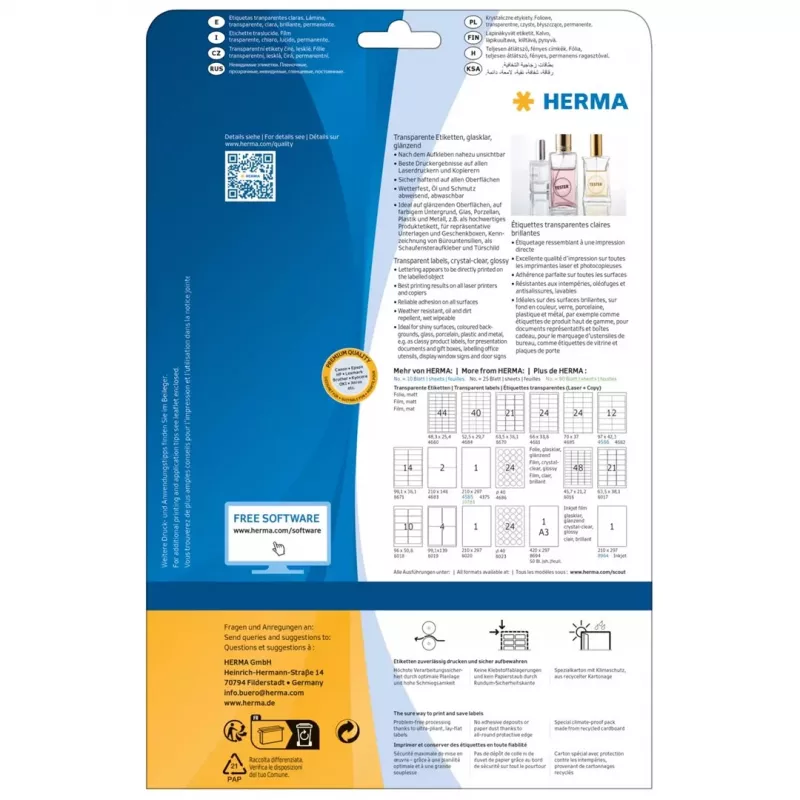 HERMA 8016 skaidrūs blizgūs poliesterio lipdukai A4 45,7 x 21,2 mm, 1200 vnt.