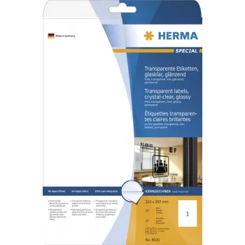 HERMA Special blizgūs permatomi A4 lipdukai iš poliesterio plėvelės, 25 lapai