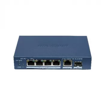 Hikvision DS-3E1506P-EI/M-4P1T1F(O-STD) nevaldomas komutatorius su 4 PoE+ prievadais, 1 Gigabit RJ45 ir 1 SFP jungtimi