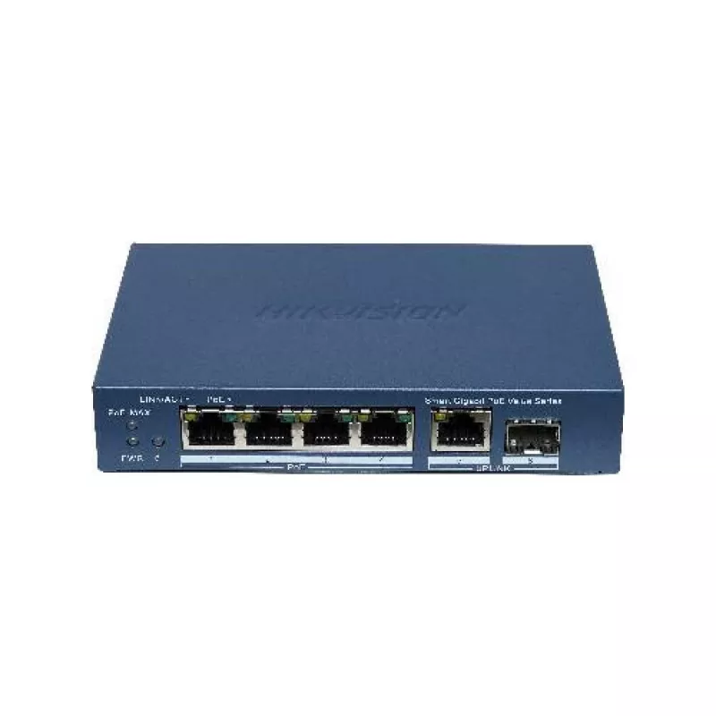 Hikvision DS-3E1506P-EI/M-4P1T1F(O-STD) nevaldomas komutatorius su 4 PoE+ prievadais, 1 Gigabit RJ45 ir 1 SFP jungtimi