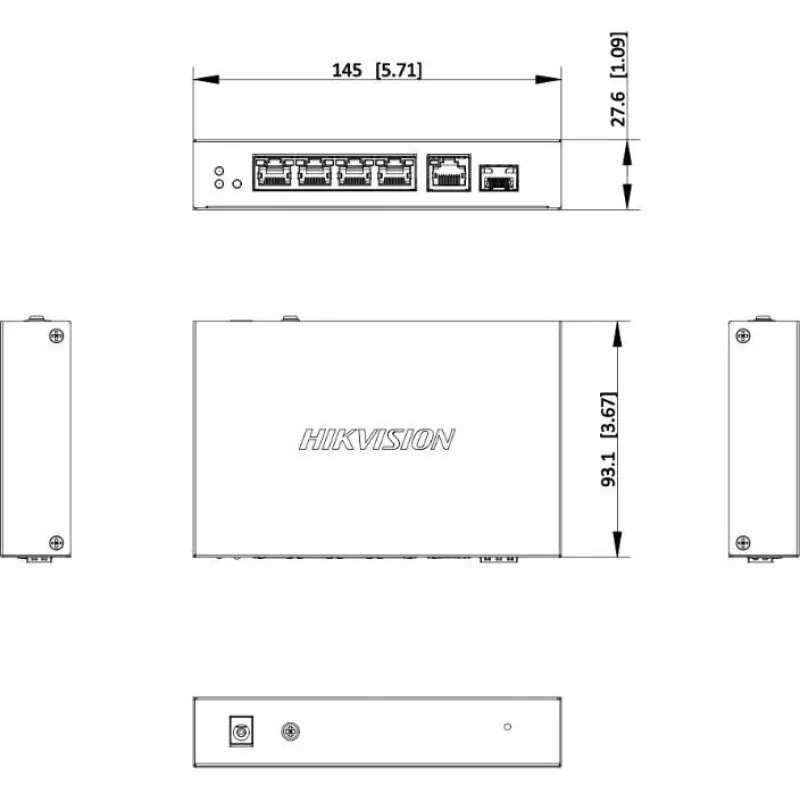 Hikvision DS-3E1506P-EI/M-4P1T1F(O-STD) nevaldomas komutatorius su 4 PoE+ prievadais, 1 Gigabit RJ45 ir 1 SFP jungtimi