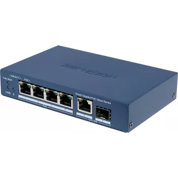 Hikvision DS-3E1506P-EI/M-4P1T1F(O-STD) nevaldomas komutatorius su 4 PoE+ prievadais, 1 Gigabit RJ45 ir 1 SFP jungtimi