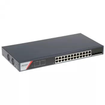 Hikvision DS-3E1528-SI-24T4F Layer 2 valdomas PoE jungiklis, 24 PoE prievadai, 4 SFP išvestys, 370W PoE biudžetas