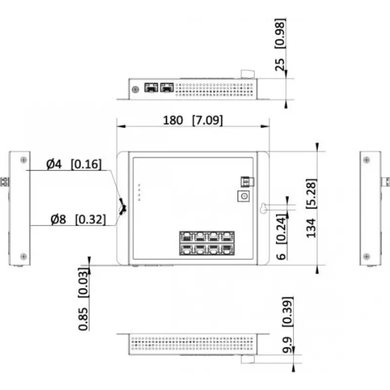 Hikvision DS-3T1510P-SI-FLT(O-STD) 10 prievadų pramoninis valdomas PoE+ valdiklis su 8 Gigabit PoE+ prievadais ir 2 SFP, 120W biudžetas, DIN bėgelis, be maitinimo šaltinio