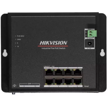 Hikvision DS-3T1510P-SI-FLT(O-STD) 10 prievadų pramoninis valdomas PoE+ valdiklis su 8 Gigabit PoE+ prievadais ir 2 SFP, 120W biudžetas, DIN bėgelis, be maitinimo šaltinio