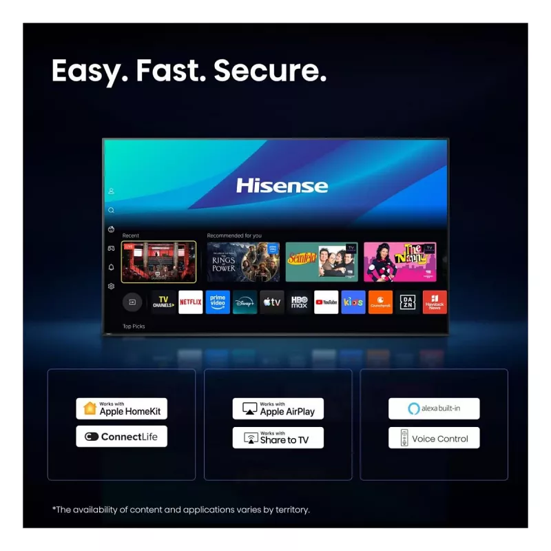 HISENSE 75 colių 4K Ultra HD Smart TV (DLED, VIDAA U5.0, HDR10, Dolby Vision, 60Hz, 8ms, 3 HDMI, 2 USB, LAN, Wi-Fi, Bluetooth, VESA 400x400, 25.5kg)