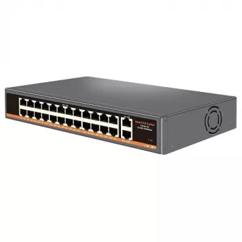 HISMART 24 prievadų PoE+ tinklo komutatorius su 2 Gigabit uplink prievadais, 300W biudžetu, montuojamas į stelažą
