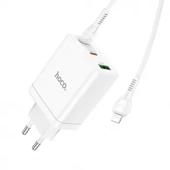 HOCO 35W dvigubas USB-C + USB-A PD & QC3.0 sieninis įkroviklis su USB-C į Lightning kabeliu, baltas