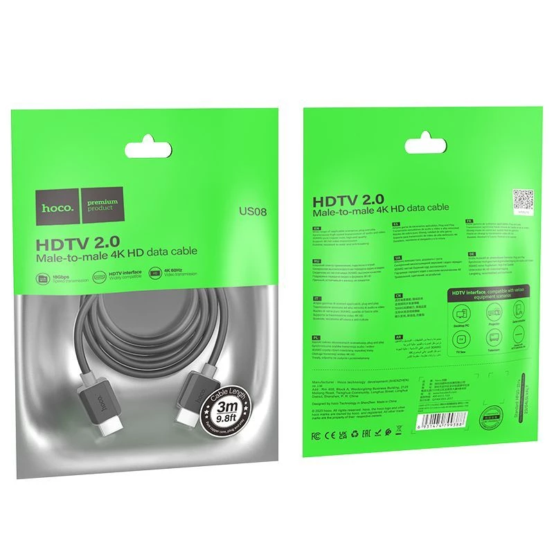 Hoco US08 HDMI 2.0 laidas 3m Juodas 4K HDR Auksuotas