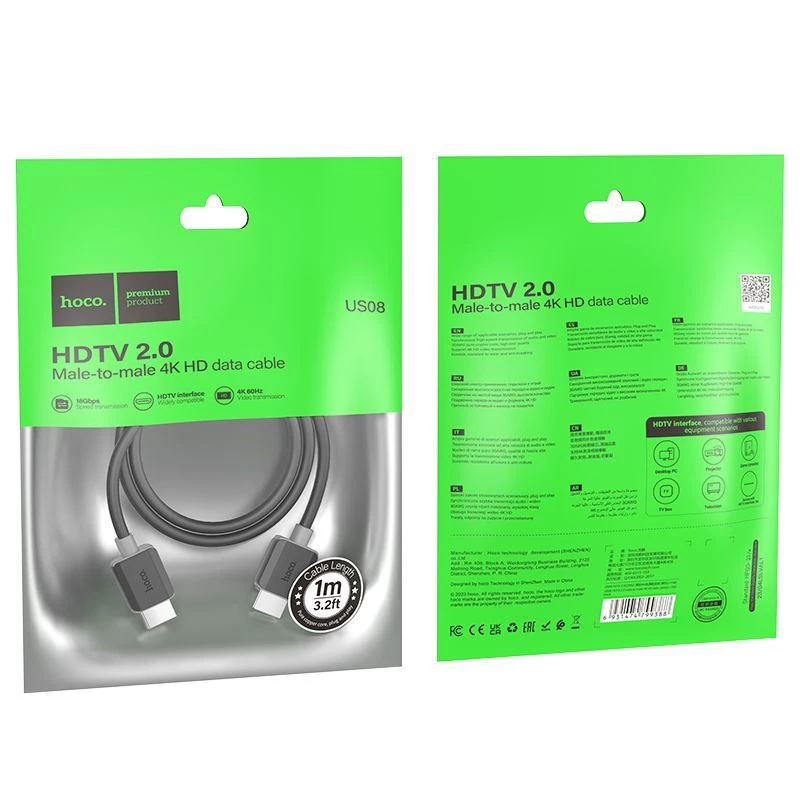 Hoco US08 HDTV 2.0 vyriškas-į-vyrišką 4K HD duomenų laidas (1 m) juodas