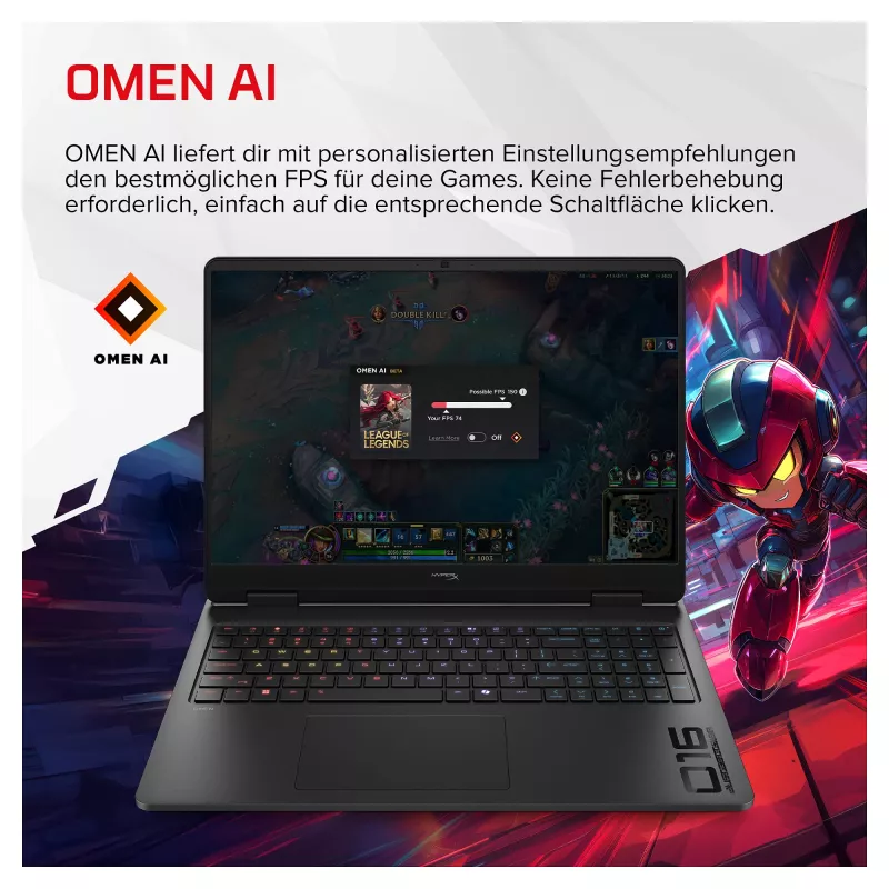 HP HyperX OMEN 16-ap1492ng žaidimų nešiojamasis kompiuteris, 16,1 colio QHD 165Hz, AMD Ryzen 9 8940HX, 24GB DDR5, 512GB SSD, RTX 5070 8GB, Windows 11 Home, vokiška klaviatūra