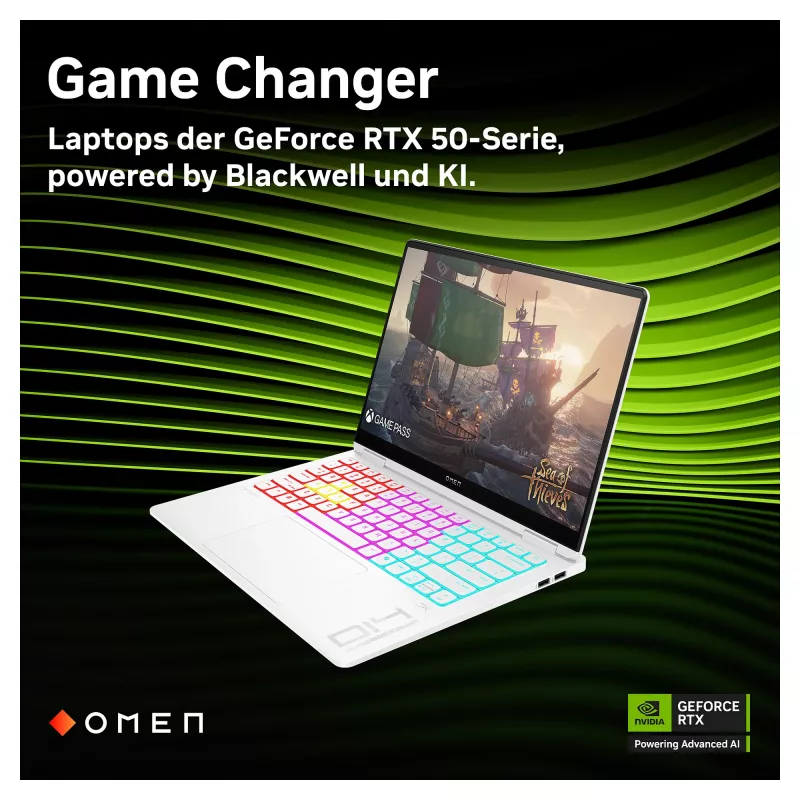 HP OMEN Transcend 14-fb1196ng 14 colių žaidimų nešiojamasis kompiuteris - 2.8K OLED 120Hz, Intel Core Ultra 9 285H, 32GB RAM, 2TB SSD, RTX 5070, Windows 11 Home, vokiška QWERTZ klaviatūra, Shadow Black