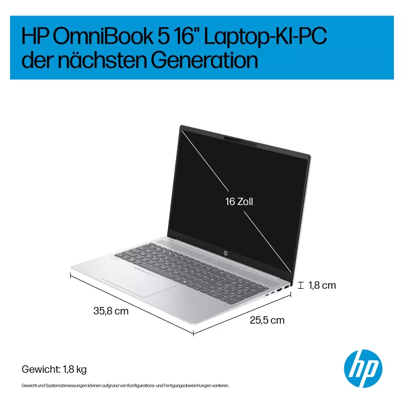HP OmniBook 5 16-ag1451ngx AMD Ryzen AI 5 330 16GB 512GB SSD W11 Home 16 inch WUXGA nešiojamas kompiuteris (Natural Silver, vokiška QWERTZ klaviatūra)