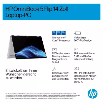 HP OmniBook 5 Flip 14-fp0450ngx 2-in-1 nešiojamas kompiuteris, Intel Core 5 120U, 16GB RAM, 512GB SSD, 14 col. Touch FHD, Windows 11 Home, vokiška klaviatūra