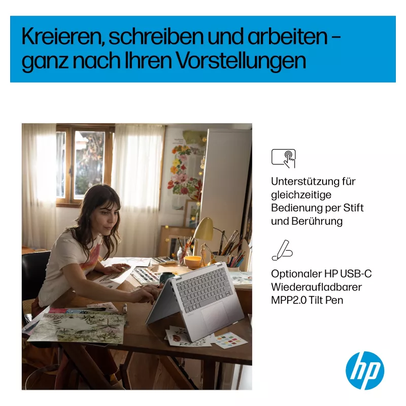 HP OmniBook 5 Flip 14-fp0470ngx 2-in-1 nešiojamas kompiuteris, 14 colių FHD jutiklinis ekranas, Intel Core 7 150U, 16GB RAM, 512GB SSD, Windows 11 Home, natūralaus sidabro spalvos, vokiška klaviatūra