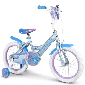 Huffy Frozen 16 colių mergaičių dviratis su pagalbiniais ratukais, priekiniu krepšeliu ir koaline stabdžių sistema