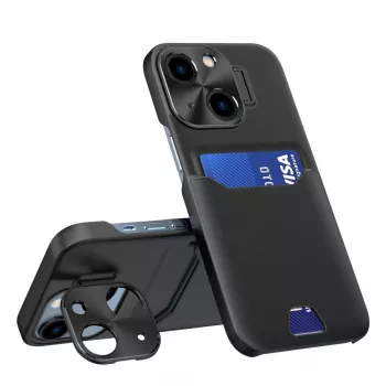 HURTEL iLike Apple iPhone 14 Odlinis Dėklas su Stovu ir Kortelių Laikikliu Juodas