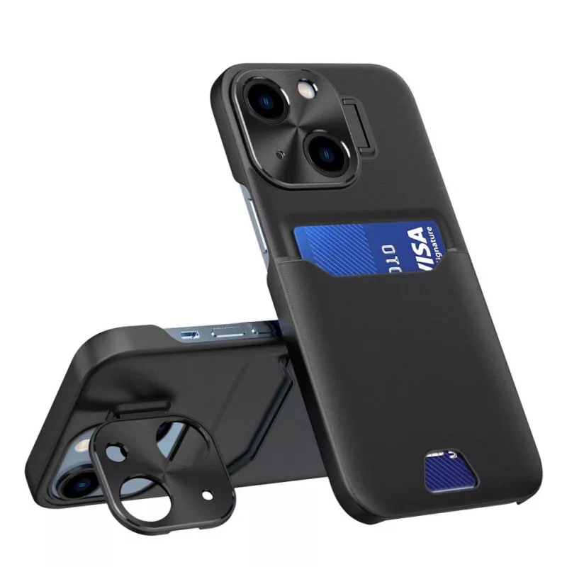 HURTEL iLike Apple iPhone 14 Odlinis Dėklas su Stovu ir Kortelių Laikikliu Juodas