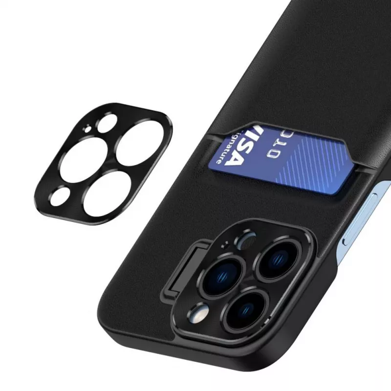 HURTEL iLike Apple iPhone 14 Odlinis Dėklas su Stovu ir Kortelių Laikikliu Juodas