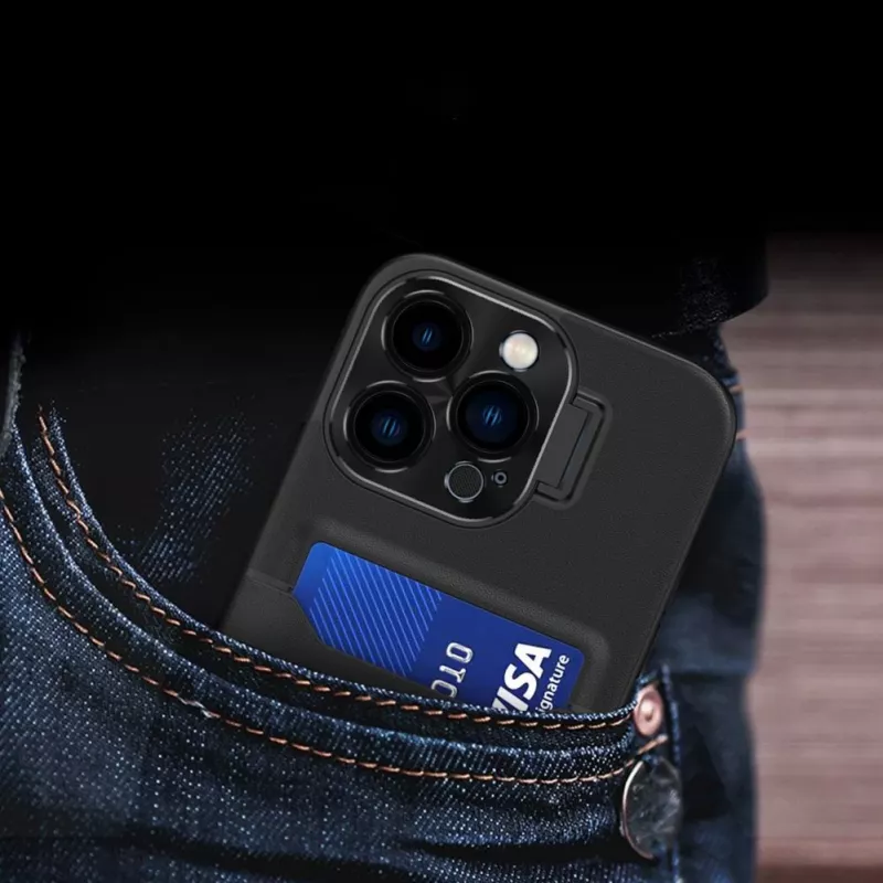 HURTEL iLike Apple iPhone 14 Odlinis Dėklas su Stovu ir Kortelių Laikikliu Juodas