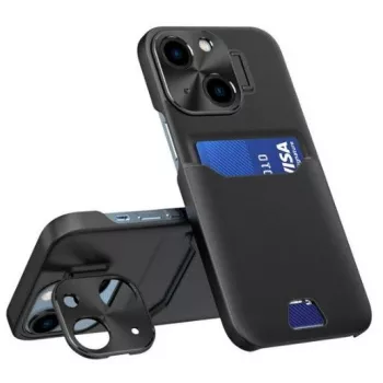 HURTEL iLike Apple iPhone 14 Odlinis Dėklas su Stovu ir Kortelių Laikikliu Juodas