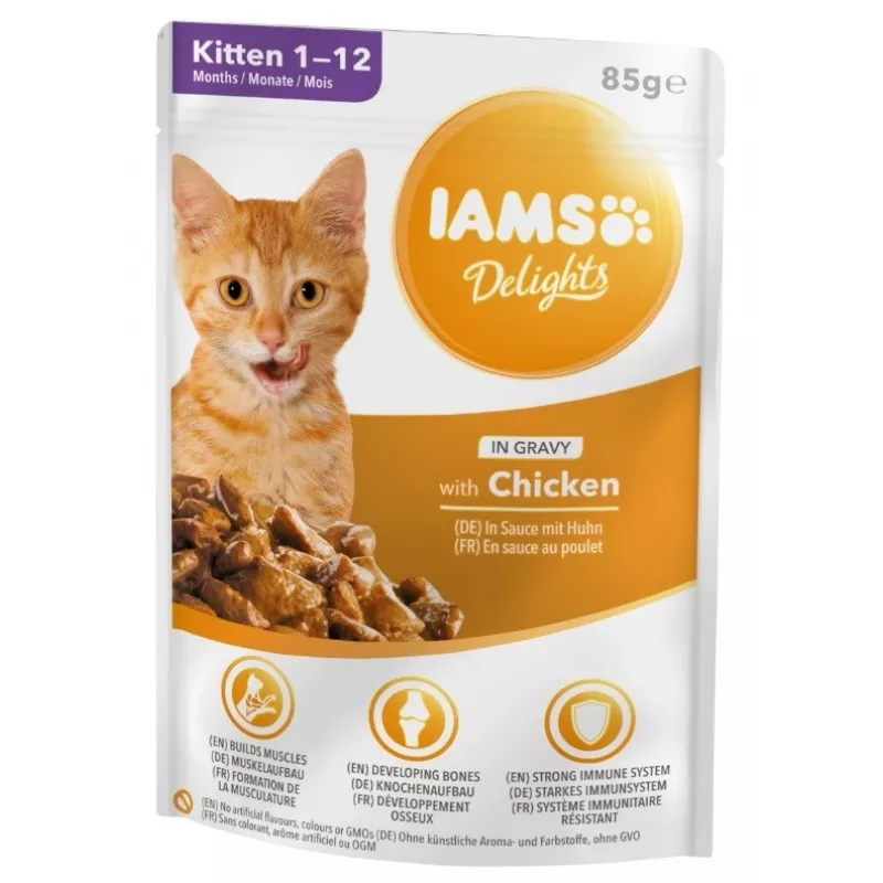 IAMS Delights Kitten Chicken in Gravy šlapi kačiukų maistas, 12 x 85 g pakeliai