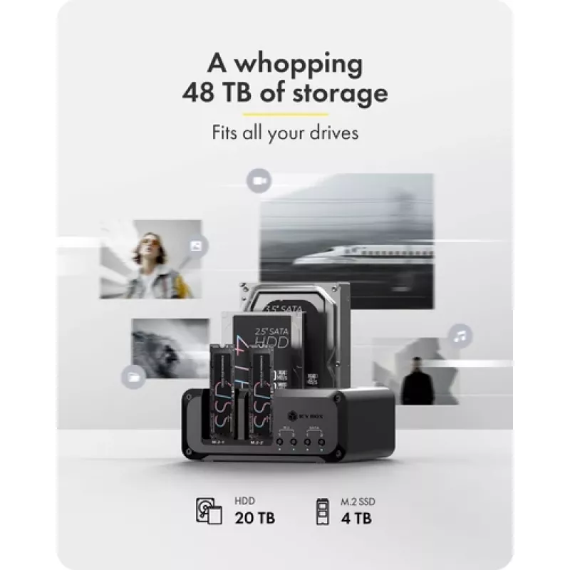 Icy Box Club Case 2925 4 vietų prijungimo stotelė – 2x M.2 NVMe ir 2x 2.5/3.5 SATA HDD/SSD, USB 3.2 Gen 2 (10 Gbps)