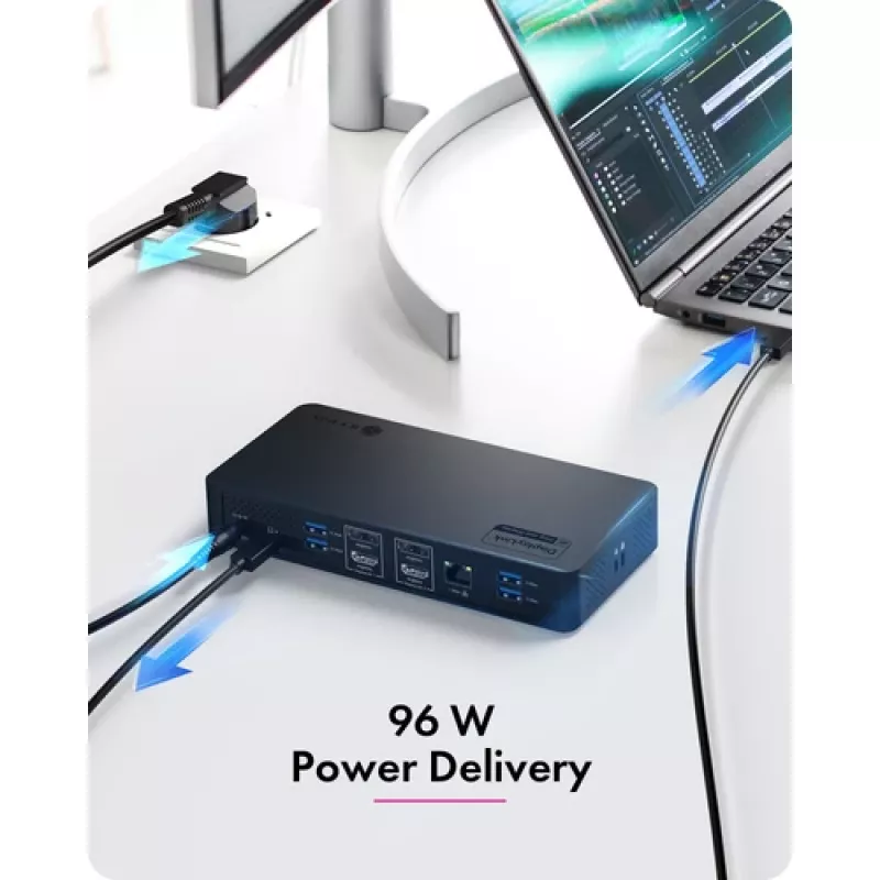 ICY BOX Heart Dock 2255 11-in-1 dokų stotelė, DisplayLink DL-6950, 2x HDMI/DP 4K@60Hz, 96W Power Delivery, Gigabit LAN, USB-C/A 10Gbps